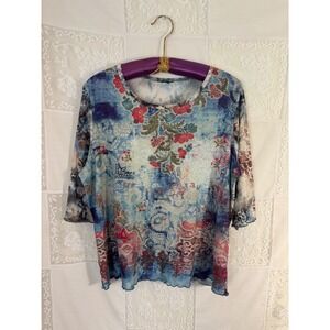Multicolor Lettuce Hem Abstract Floral Indie Fairy Grunge 3/4 Sleeve Top Size XL